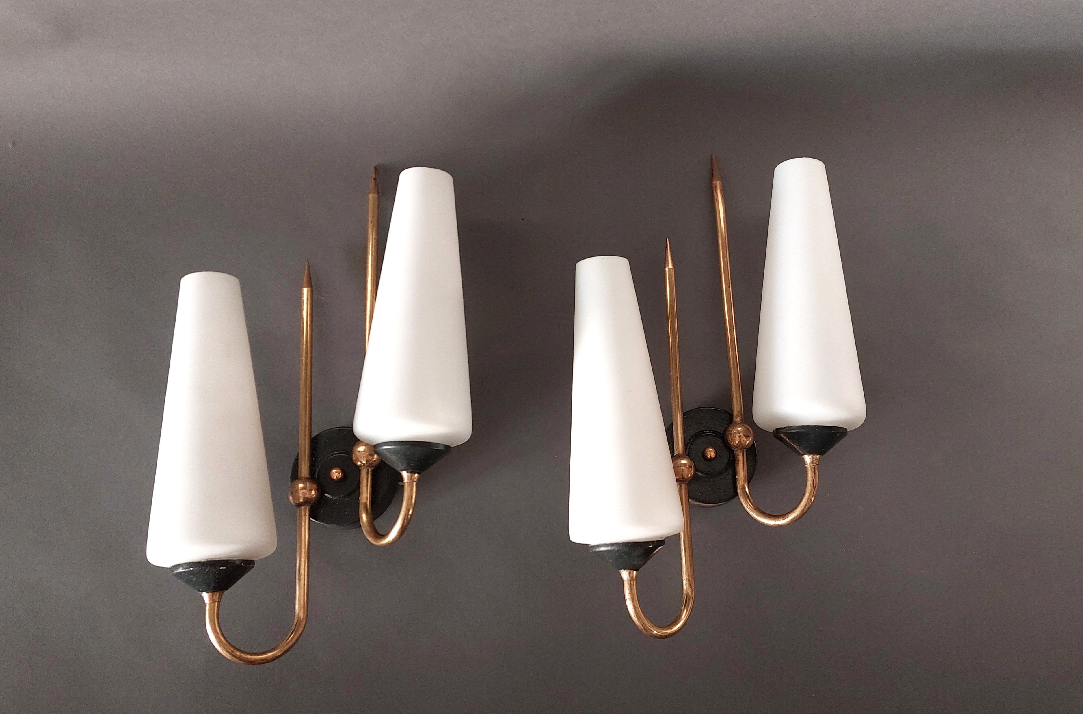 Pair of sconces in black metal and gilded brass 1960 Vintage.