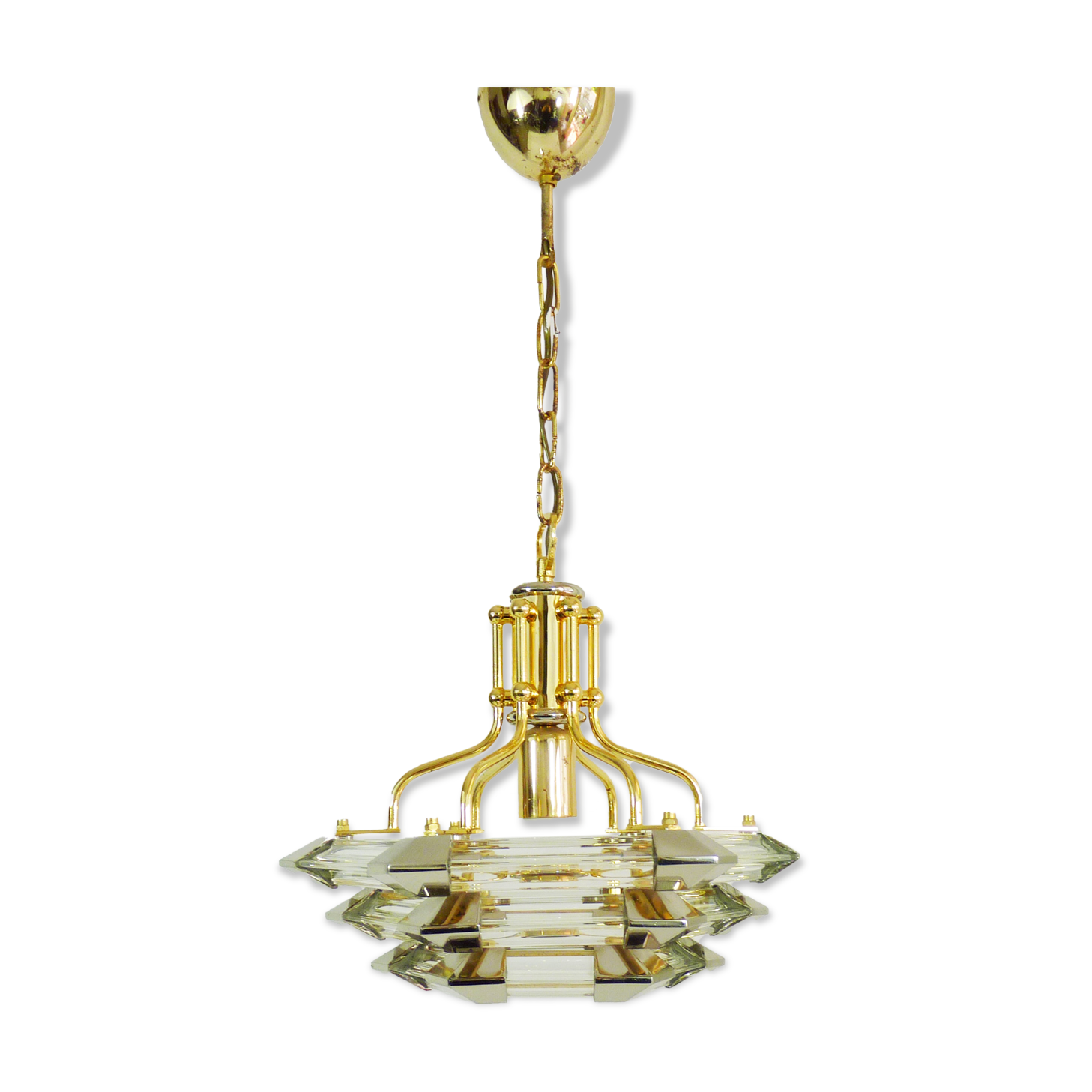 Lustre vintage design en laiton et verre lustre 3 niveaux. Année 70