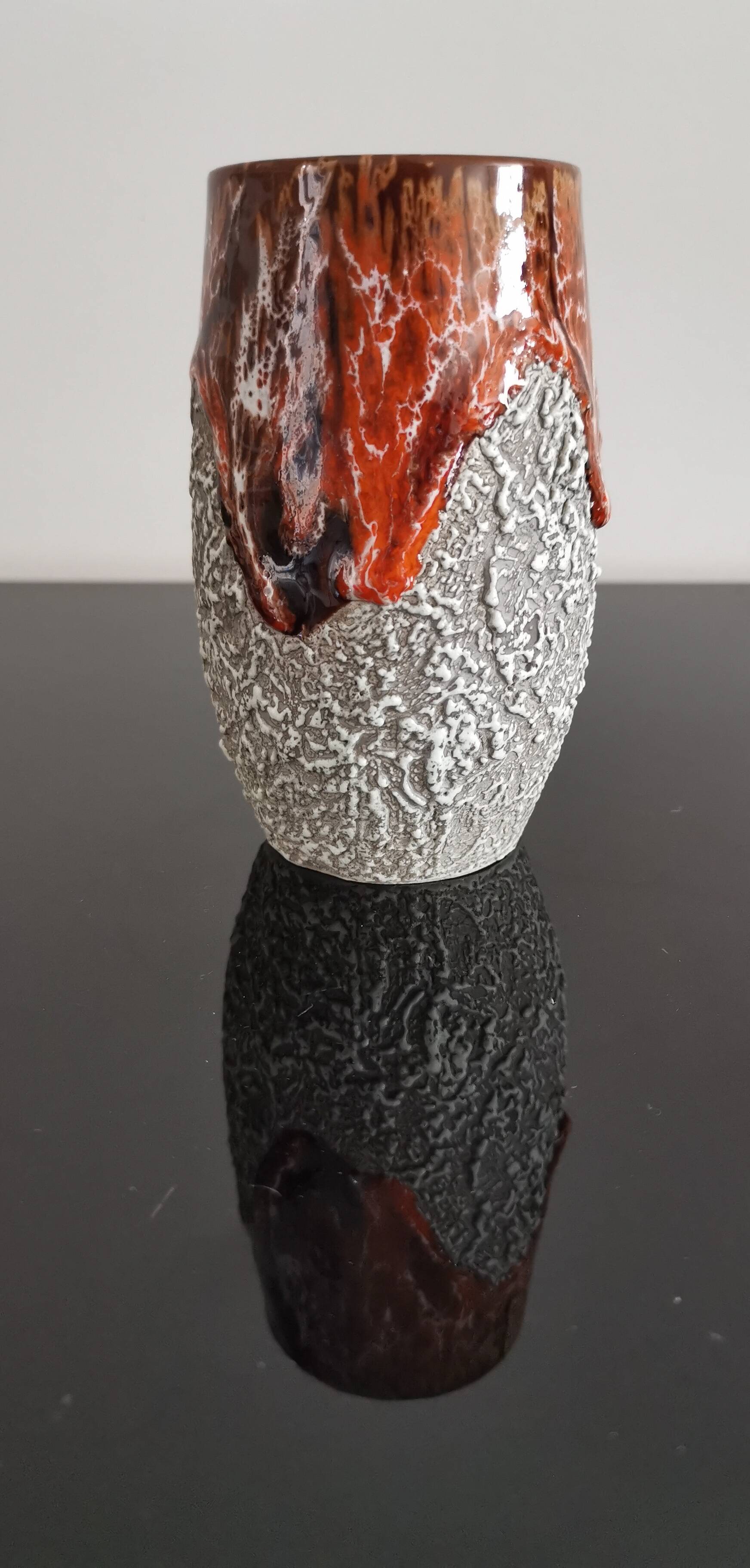 Zoomorphic vase in fat lava orange/brown flamed Vallauris style ceramic