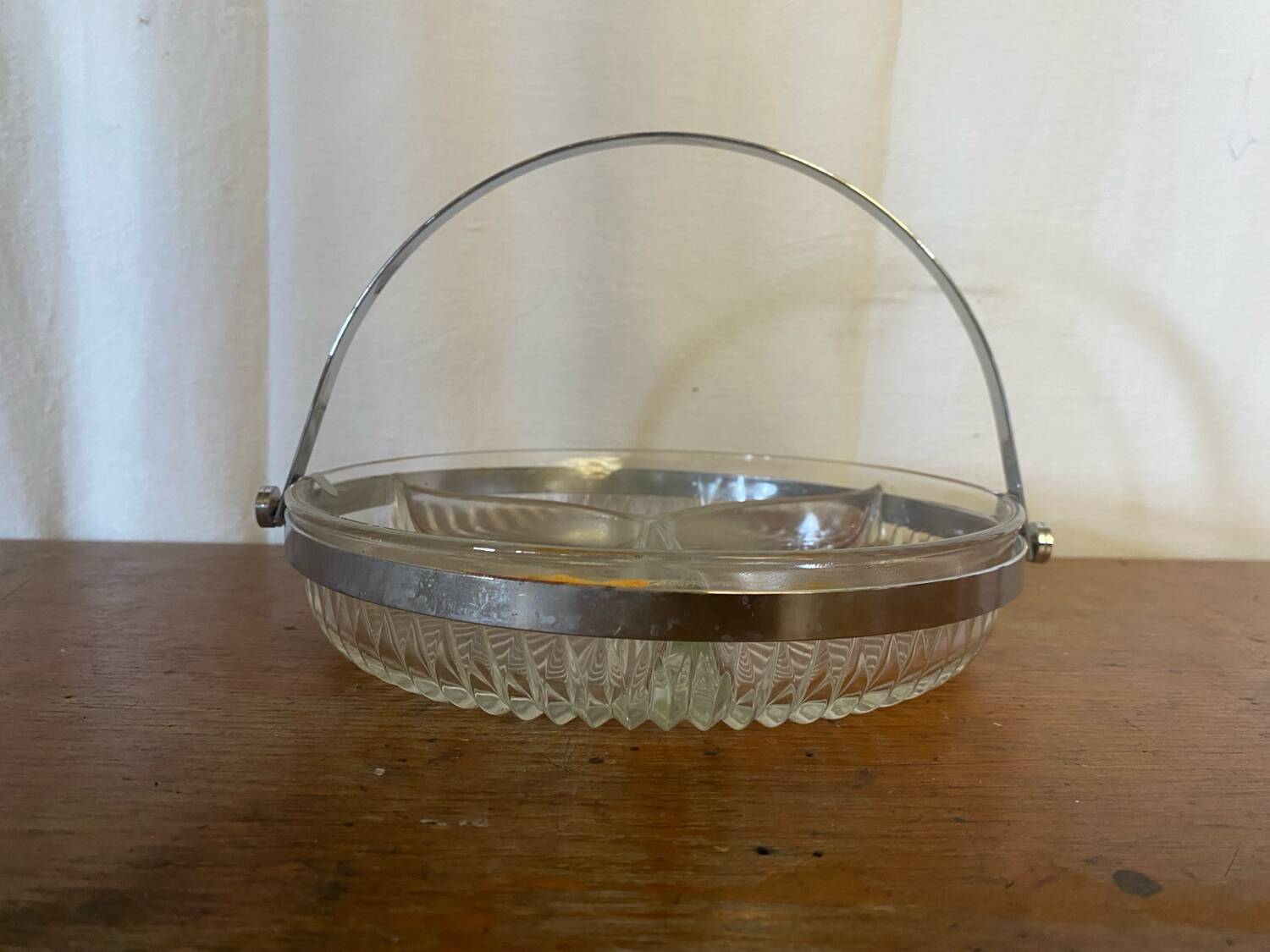 Vintage Molded Glass Aperitif Serving Tray + Chrome Metal Handle VMC Reims Vinta