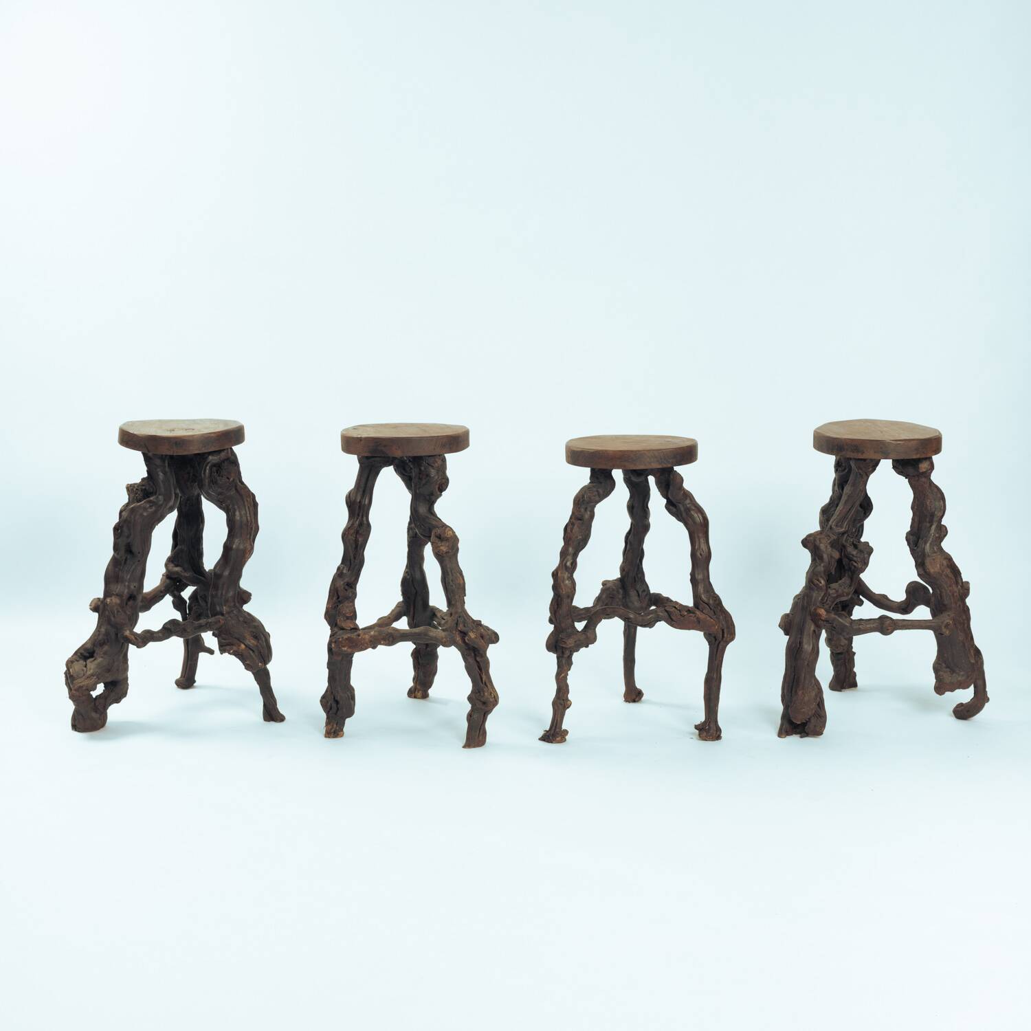 4 Tripod Bar Stools in Vine Wood and Oak, Handmade, France, 1950s