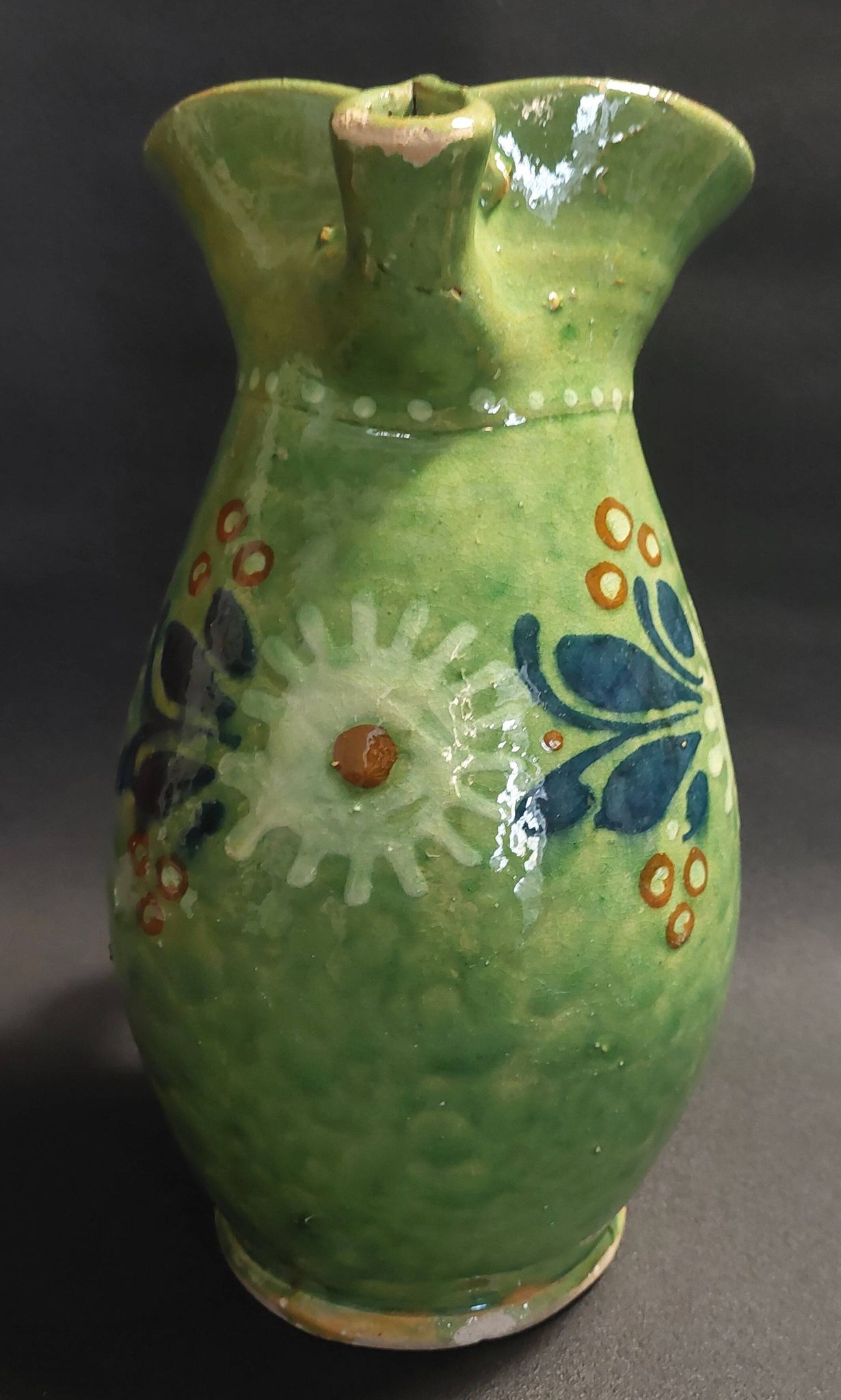 Enamelled terracotta pitcher, Spain, 20th century