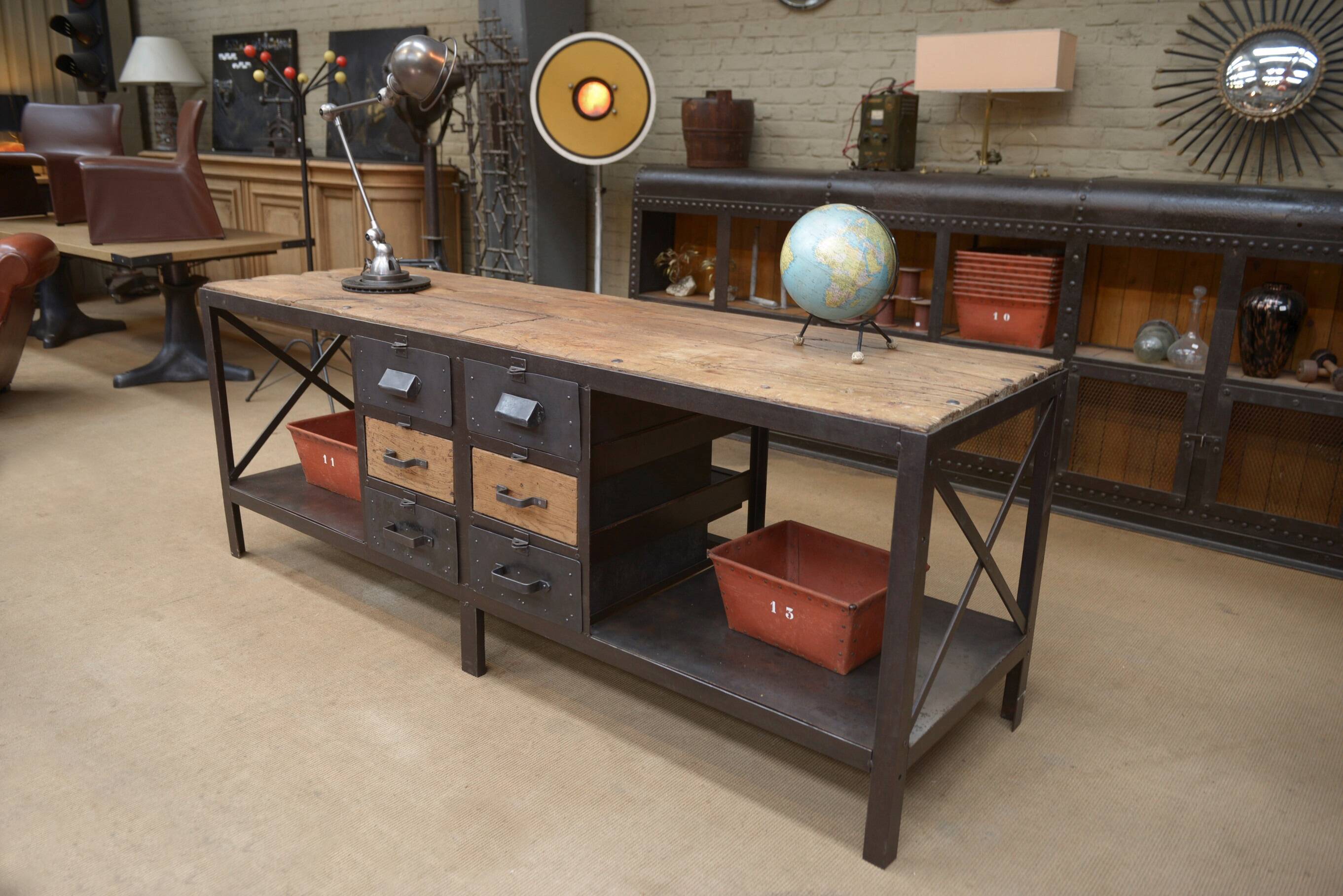 Industrial sideboard from metal and wood factory 1950