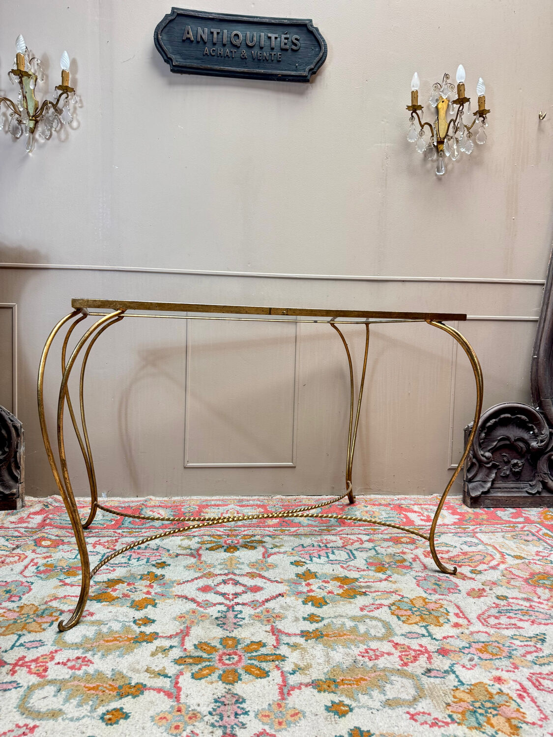Golden wrought iron console table circa 1950