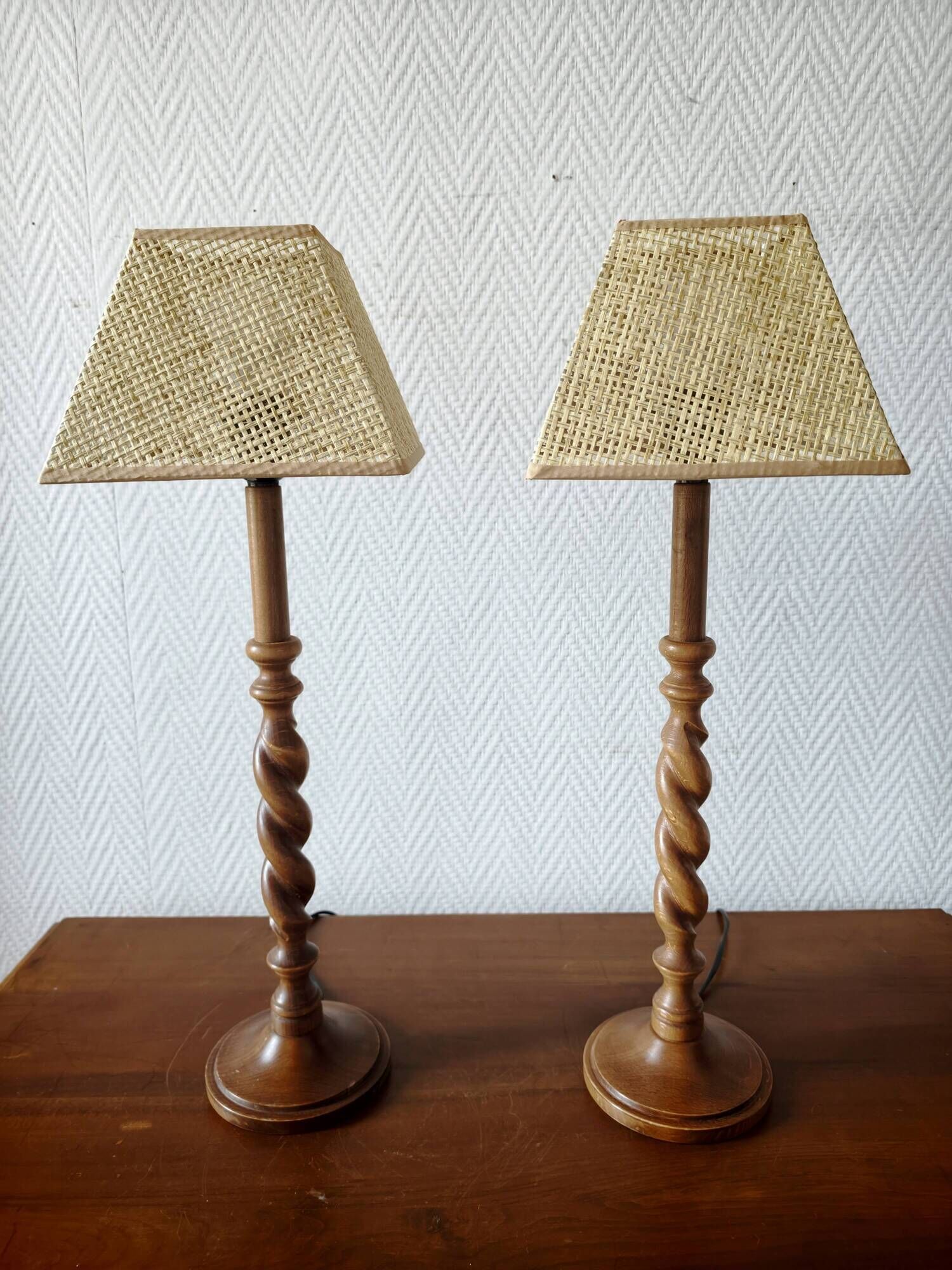 Pair of tall turned wooden lamps