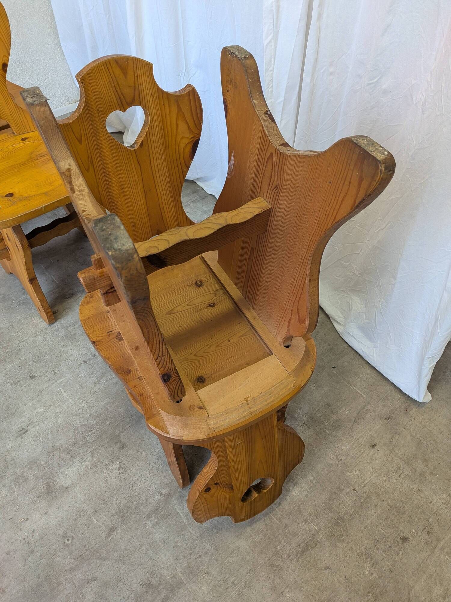 Vintage Alpine Wooden Chairs (Set of 4) Heart Cut-Out