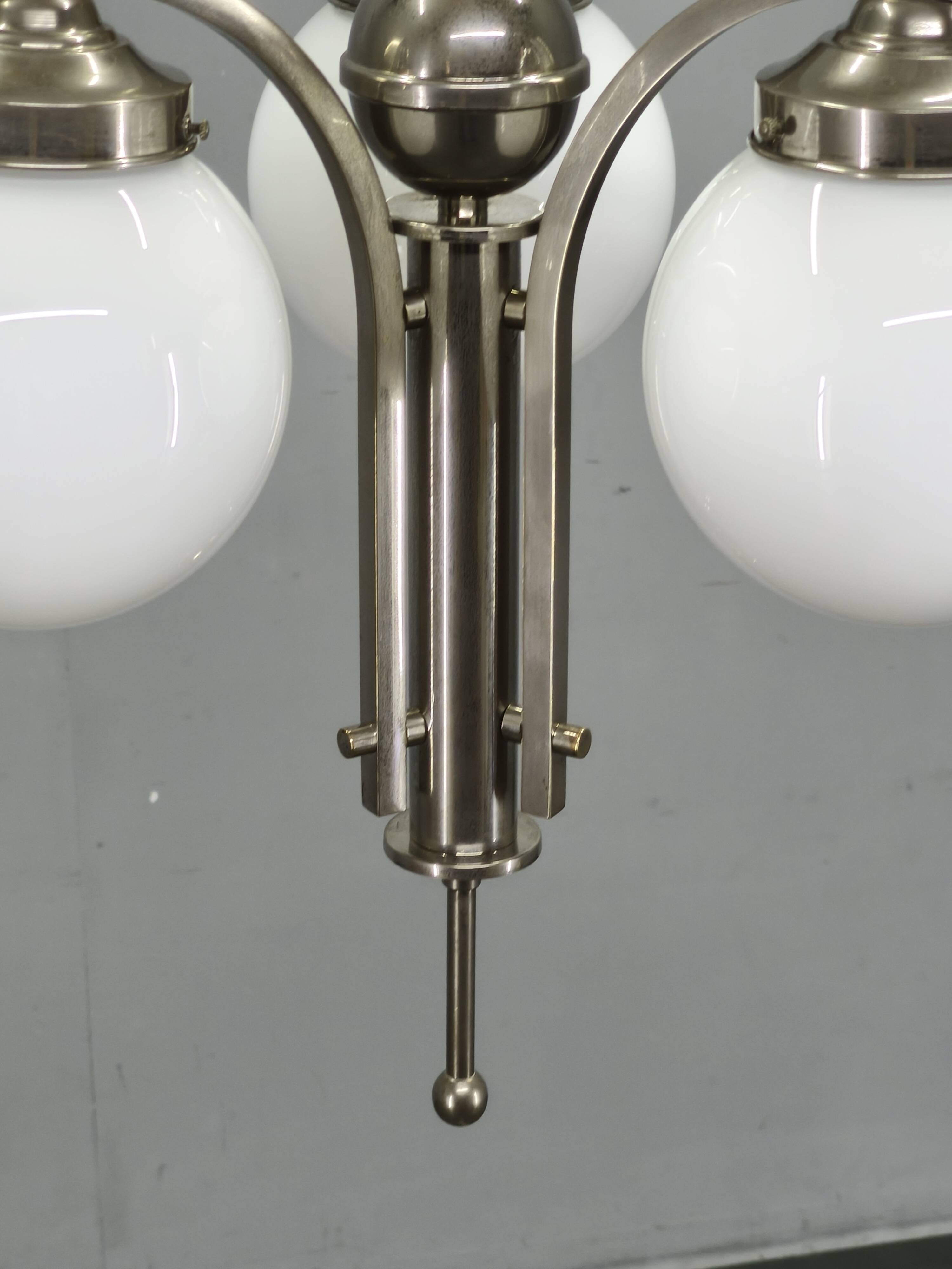 1930s Art Deco Nickel Chandelier With Opaline Glass Globes