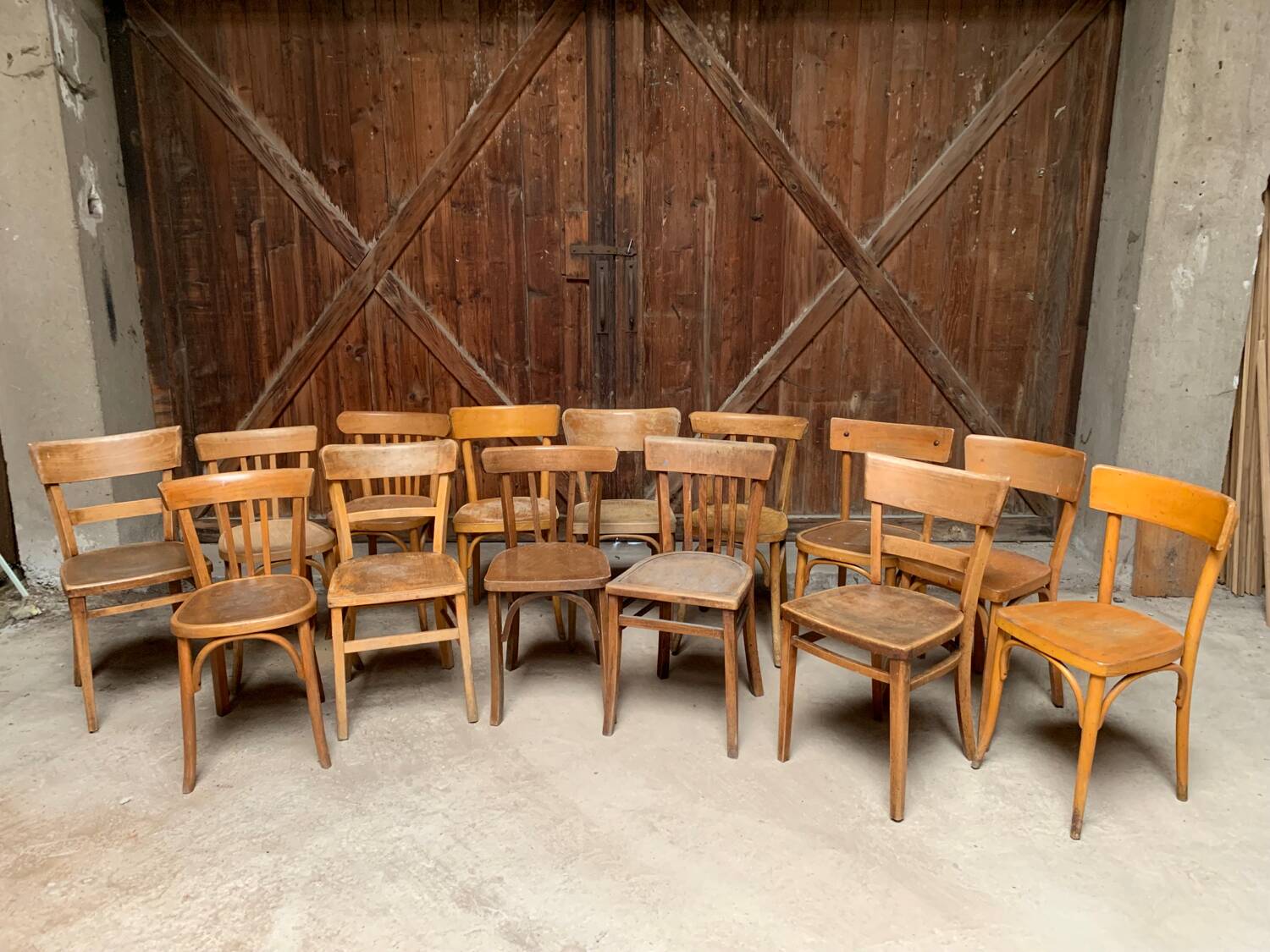 Series of 20 vintage mismatched bentwood bistro chairs