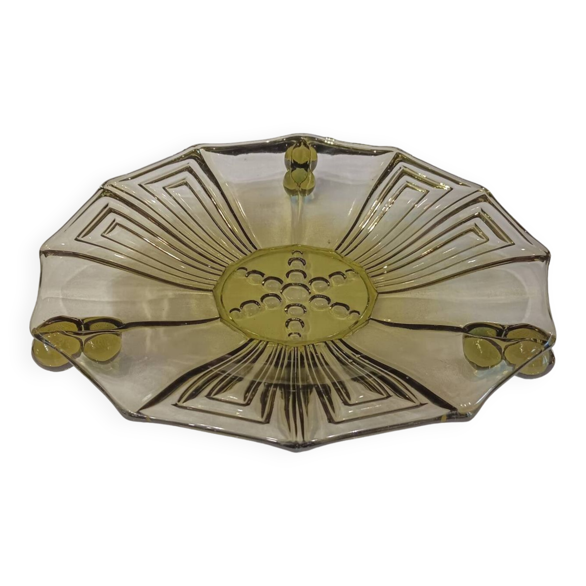 Coupe ou coupe de centre de table, en verre vert, vintage motif art déco