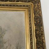Old oil painting on canvas attributed to R. SCHWAB. Village vintage gilded wood frame 65 x 80 cm