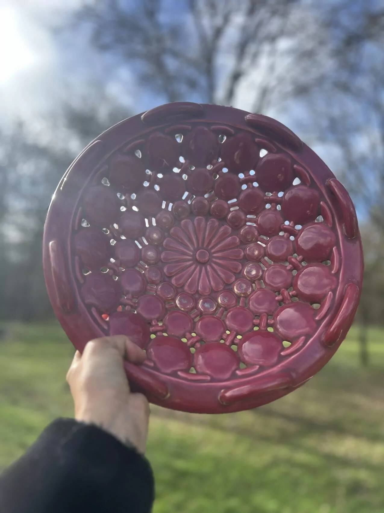 Vintage ceramic bowl from the 1950s, Vallauris style, light burgundy.