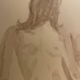 Tableau signé, aquarelle monochrome portait féminin « devant le chevalet »