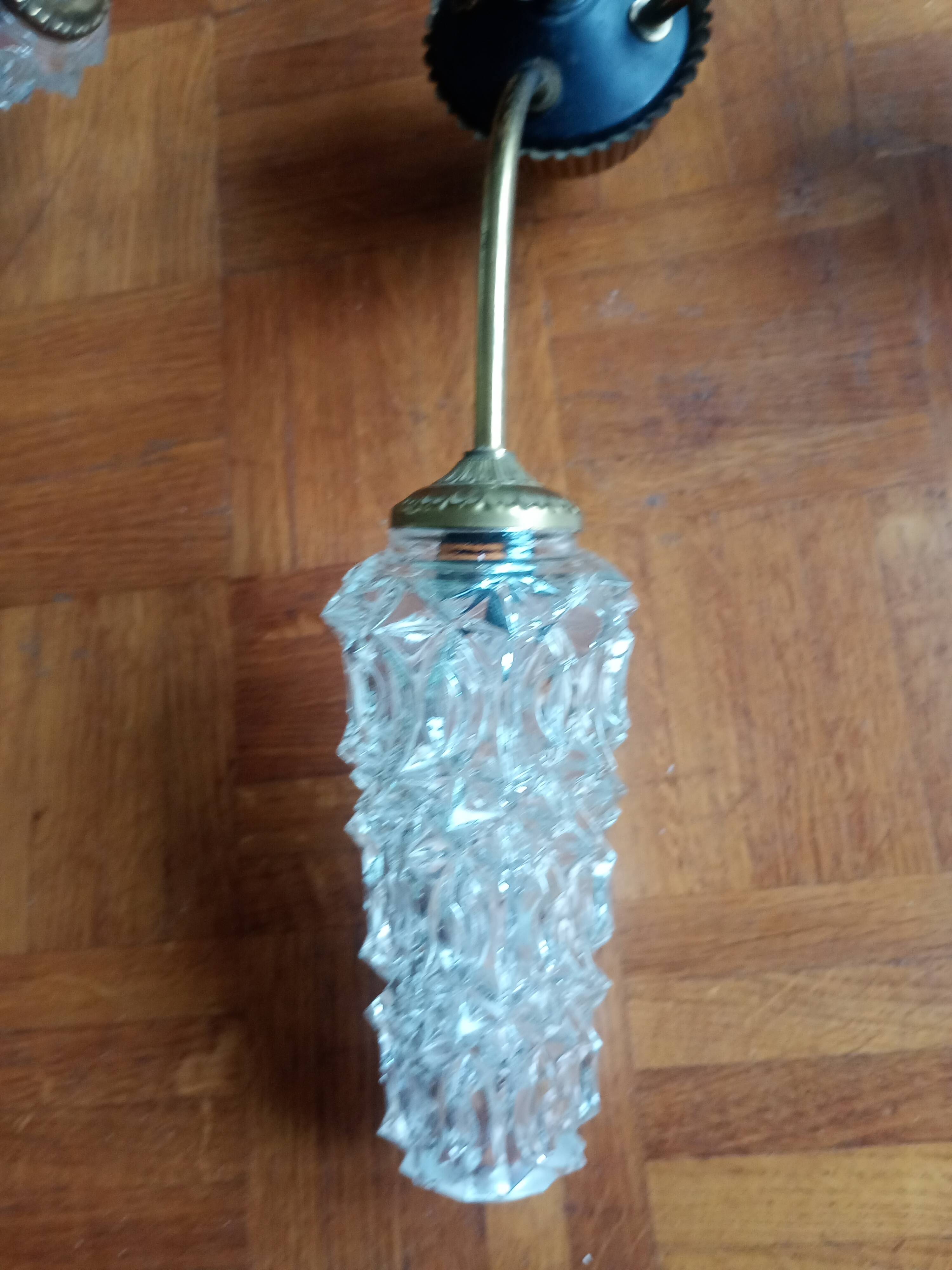 Vintage 4-arm chandelier - oblong tulip pressed molded glass - gold metal