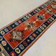 Vintage turkish runner 300x83 cm kazak rug, terracotta red, green, beige blue