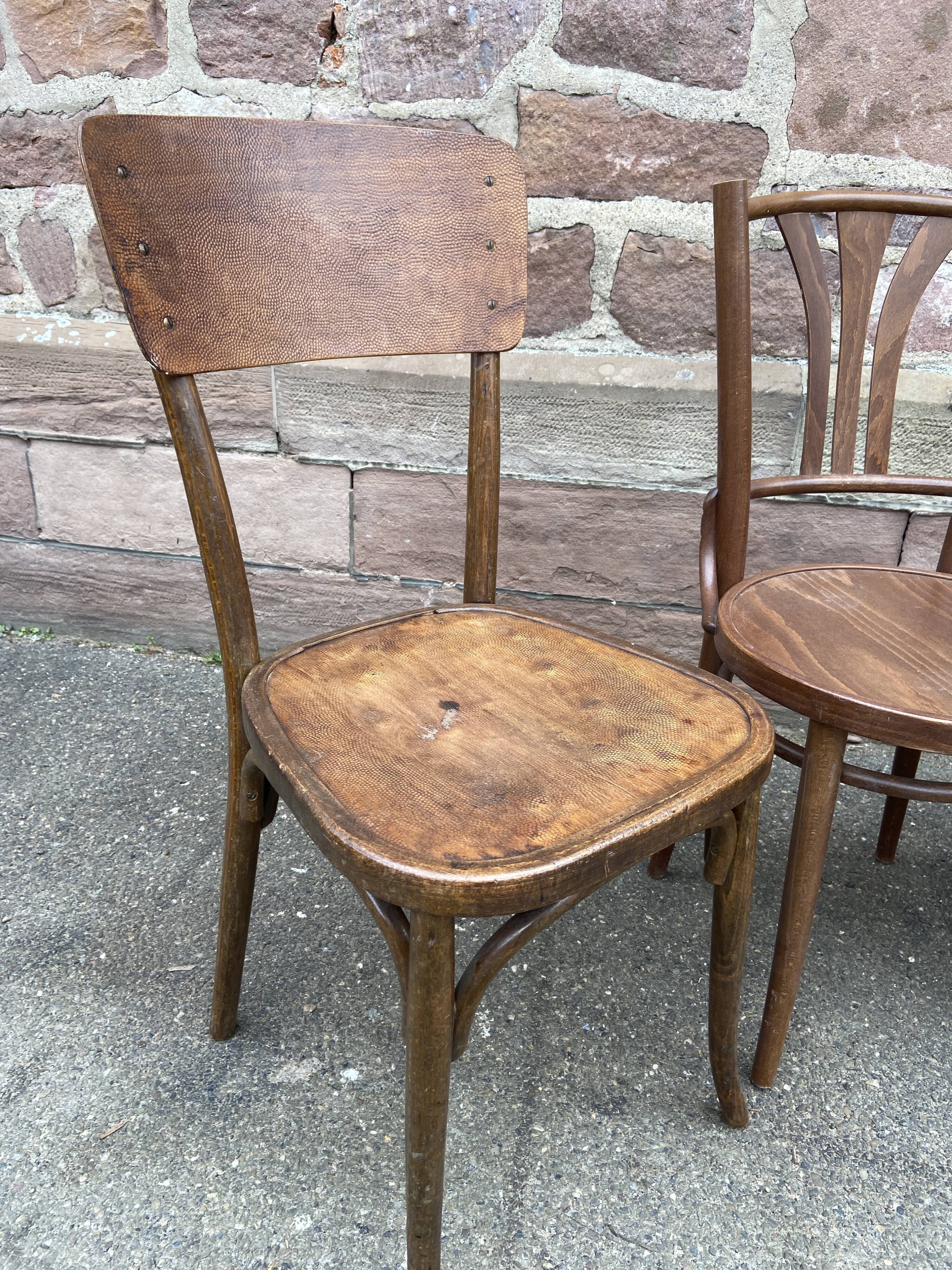 Lot 6 mismatched wooden bistro chairs