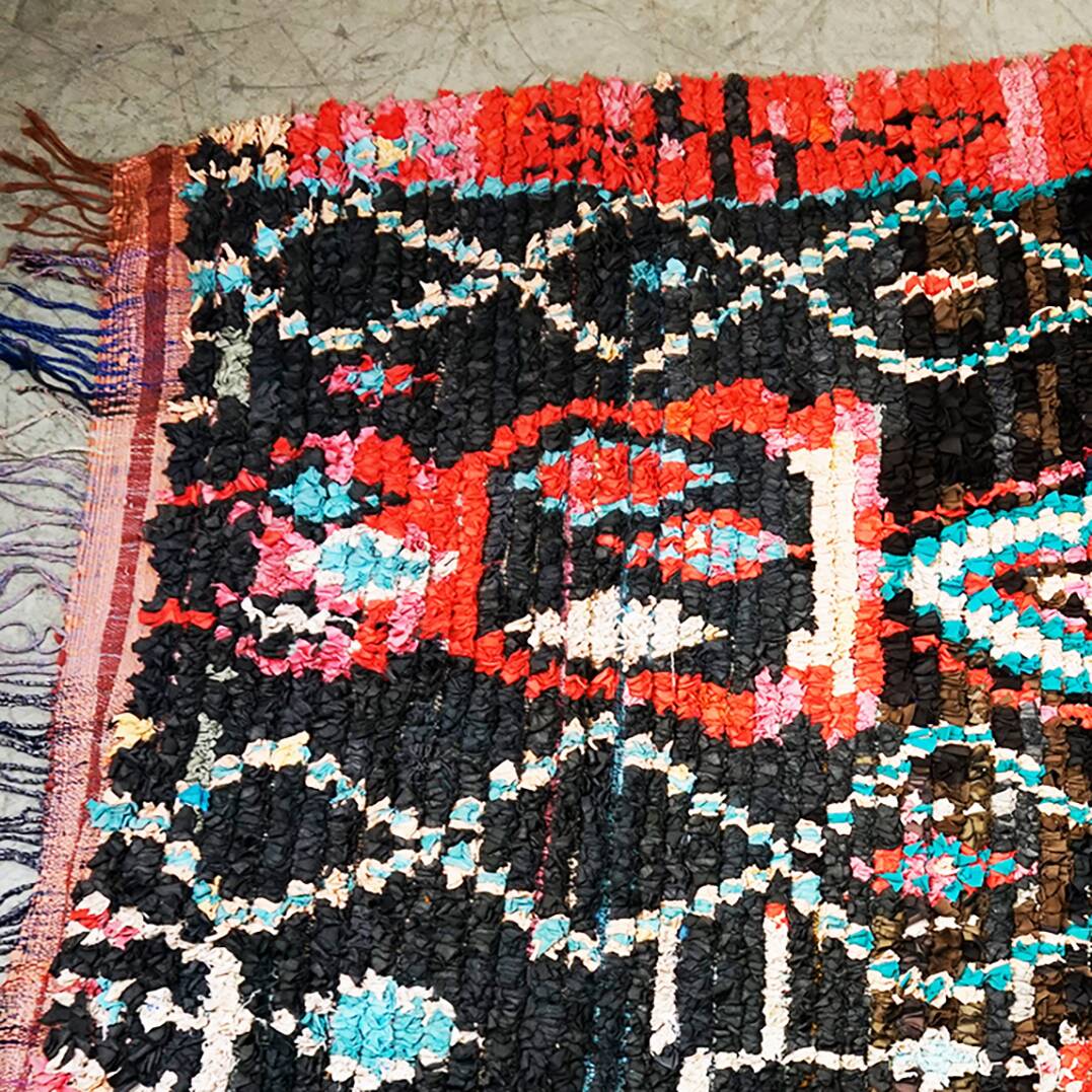 Multicoloured hand-knotted Moroccan Berber Boucherouit rug, vintage.