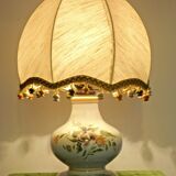 Old ceramic table lamp from Vieux Rodez, floral base, fabric lampshade 3198