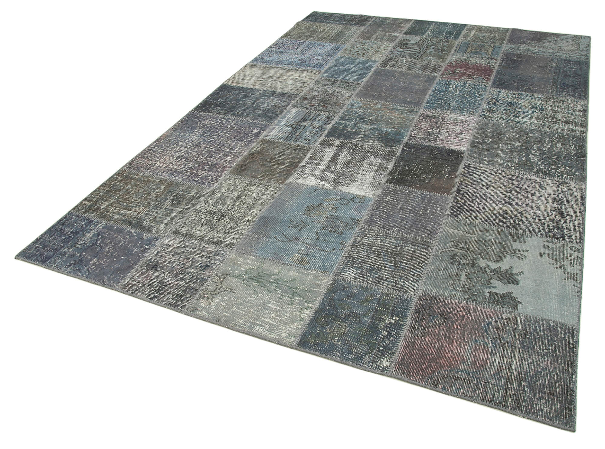 Hand-knotted oriental overdyed 197 cm x 300 cm grey patchwork carpet