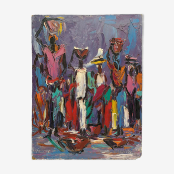 Louis Koyongonda, woman carrying a burden on their head, African painting, circa 1950