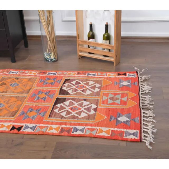 1970s Vintage Turkish Hand-Knotted Wool Cotton Red Runner Rug 96x320
