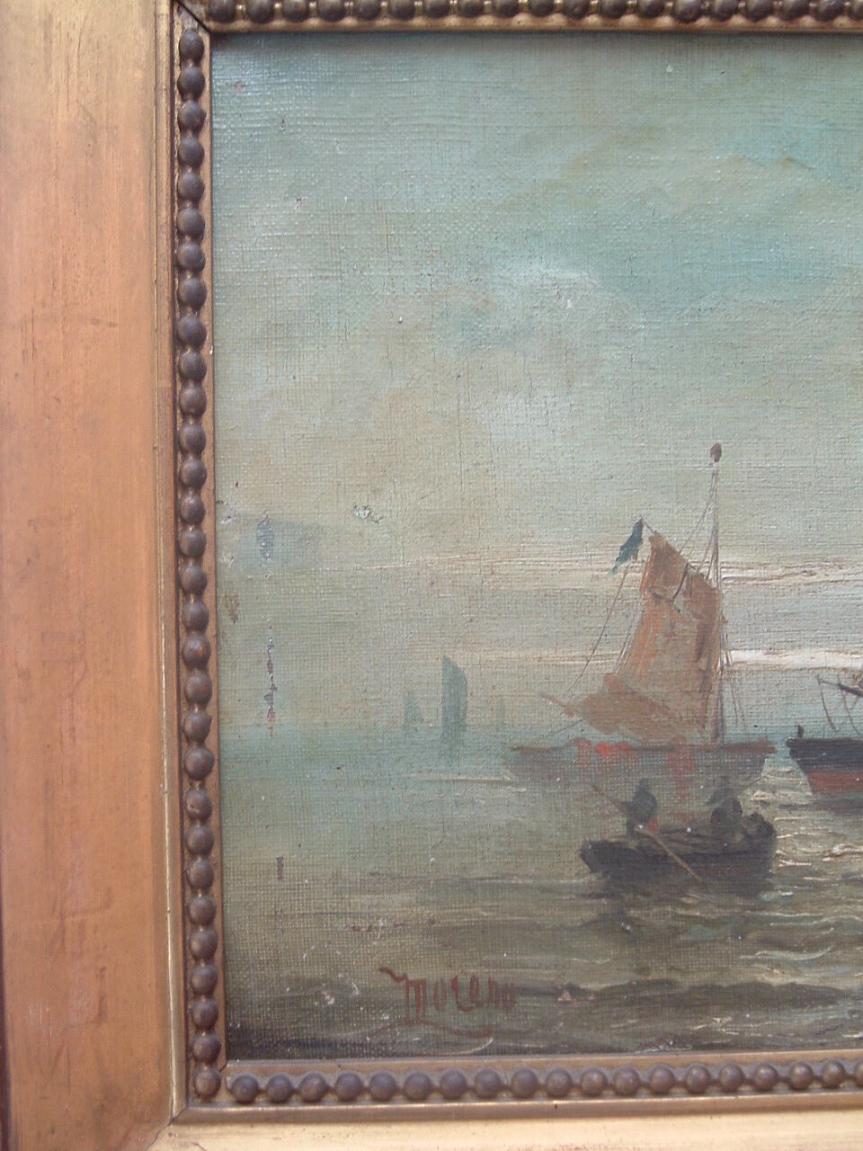 Tableau xix marine hst signée moreno, bateaux à voile barque pêcheurs, cadre peinture huile toile