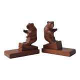 Paire de serre-livres vintage en bois sculpté à la main, décor ours