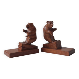 Vintage hand carved pair of wooden bookends bear decor