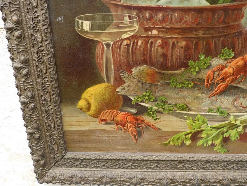 Still life chromolithography frame with Champagne