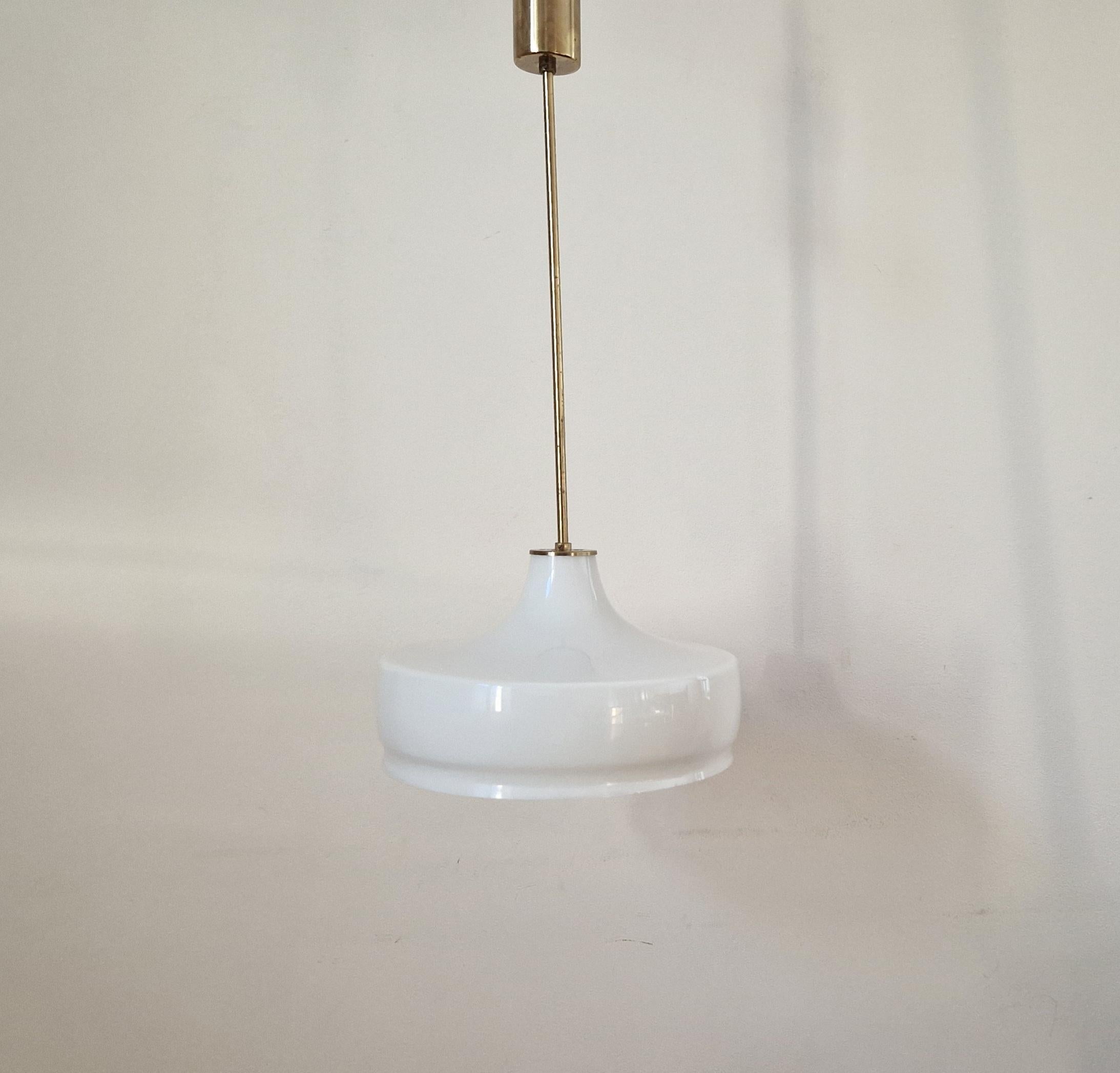 Rare Midcentury Brass and Milk Glass Pendant Kamenicky Senov, 1970s