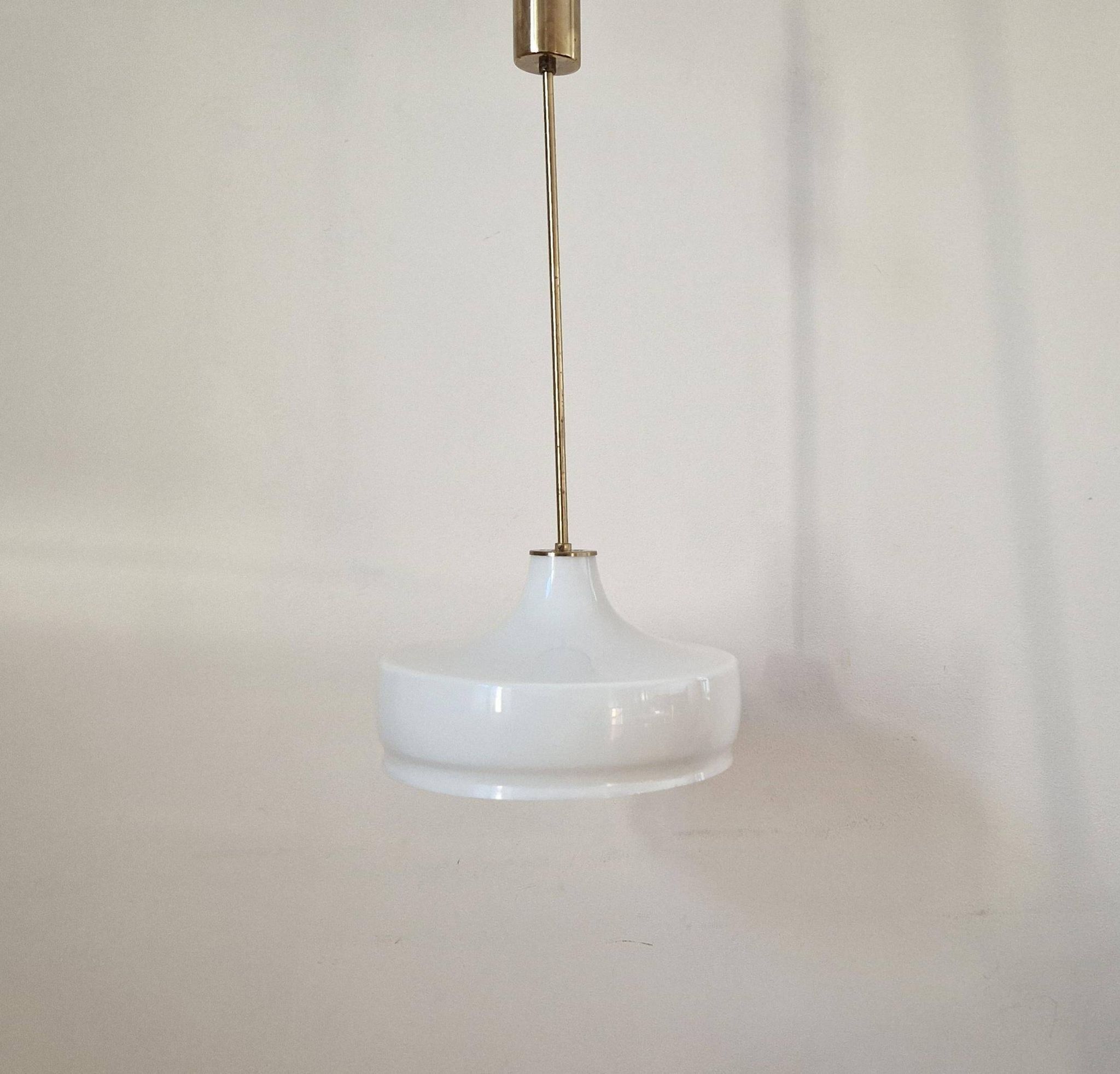 Rare Midcentury Brass and Milk Glass Pendant Kamenicky Senov, 1970s