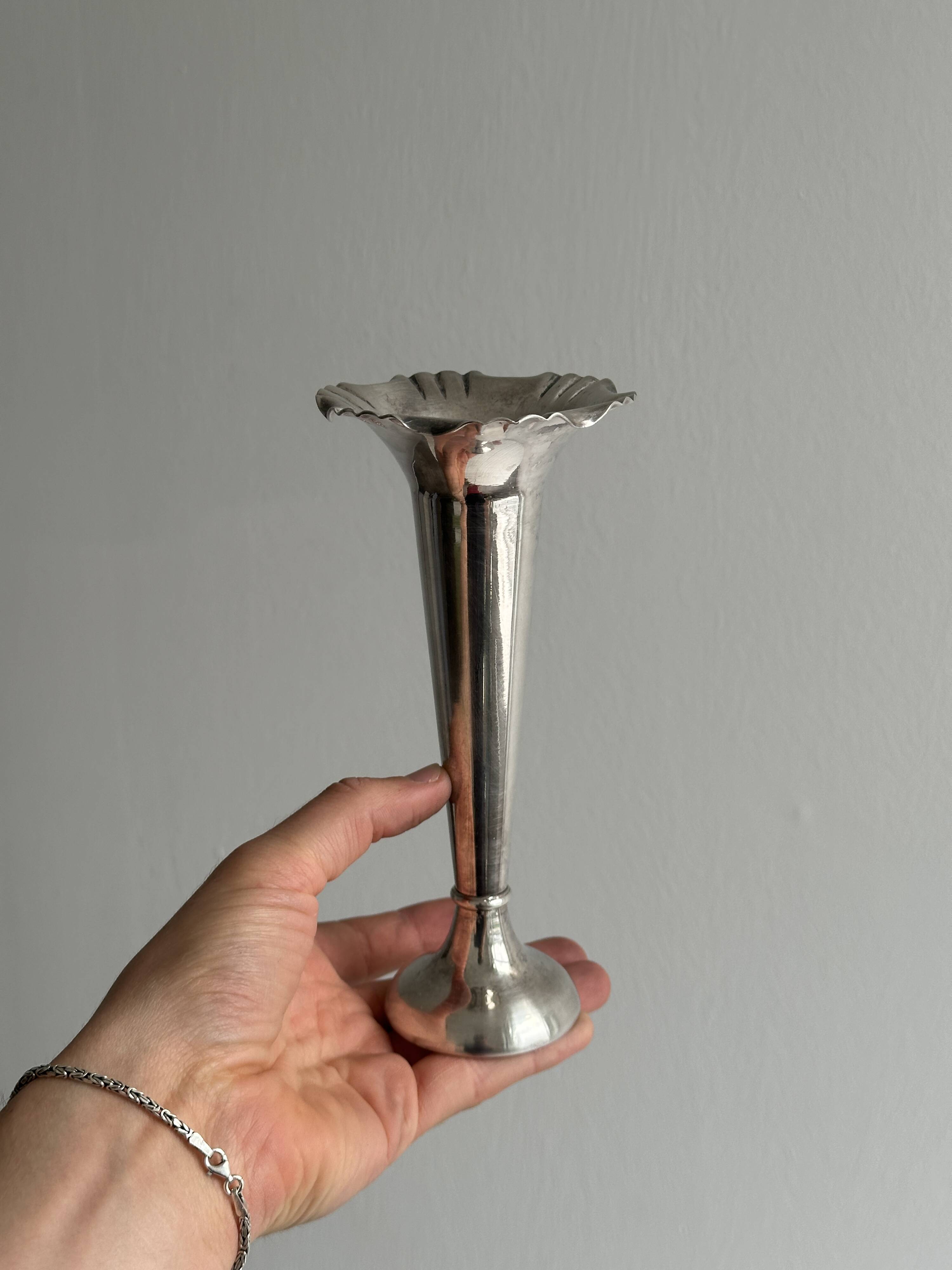 Pair of shiny silver metal vases