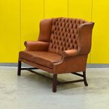 English Georgian Style Tufted Leather Chesterfield Wingback Two Seater Sofa