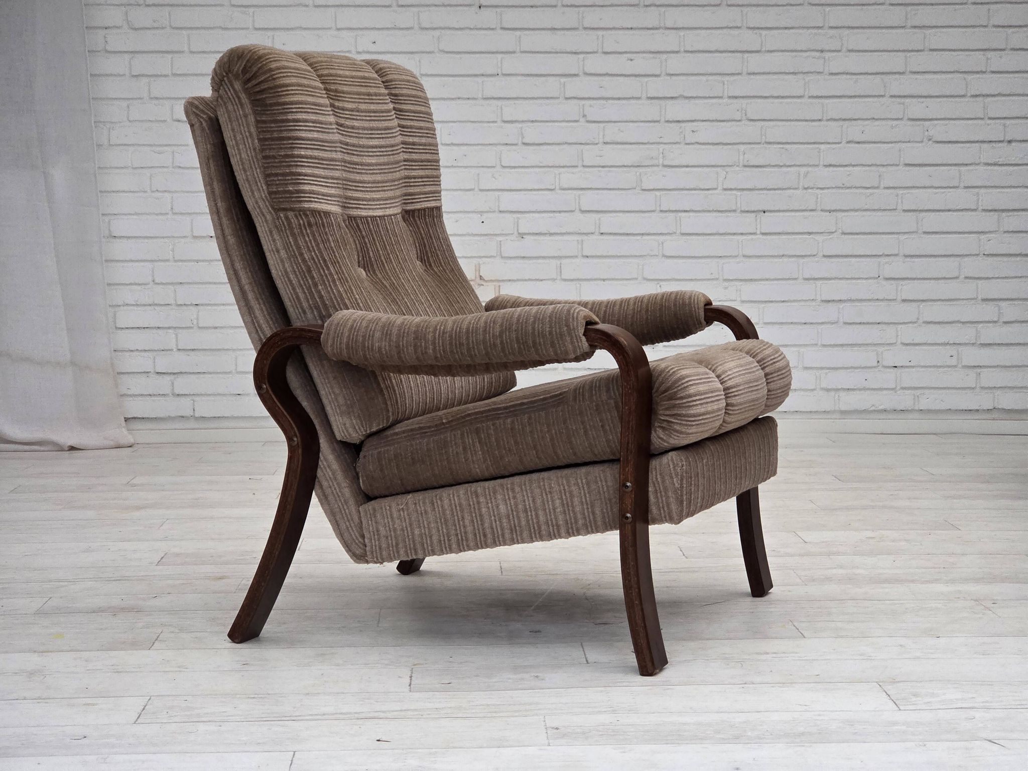 1970s, pair of Danish armchairs, brown furniture corduroy, beech wood.