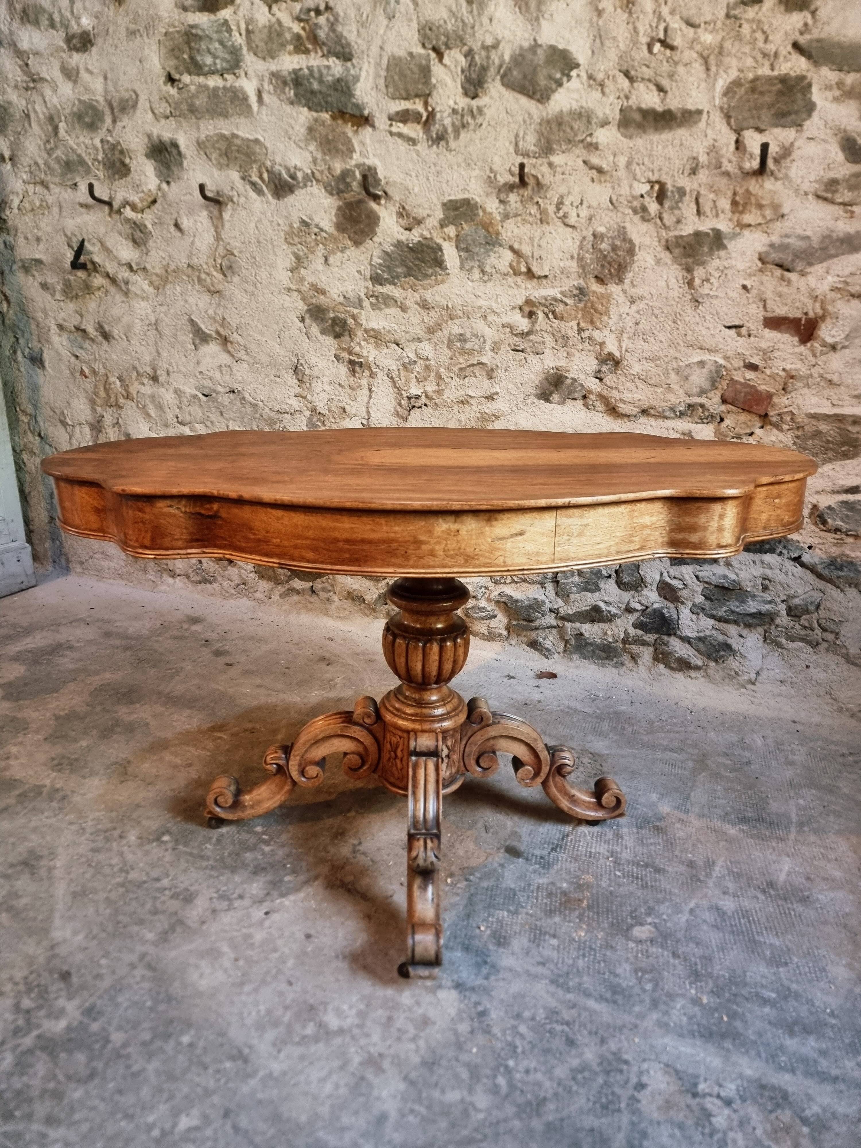 French antique walnut violin table, centre table with drawer, circa 1880–1900.