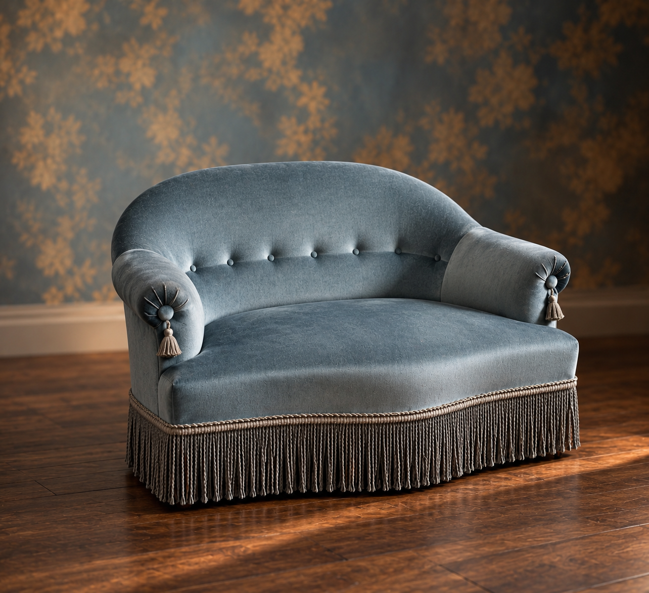 Small vintage boudoir sofa from the 70s in blue velvet with a boudoir spirit.