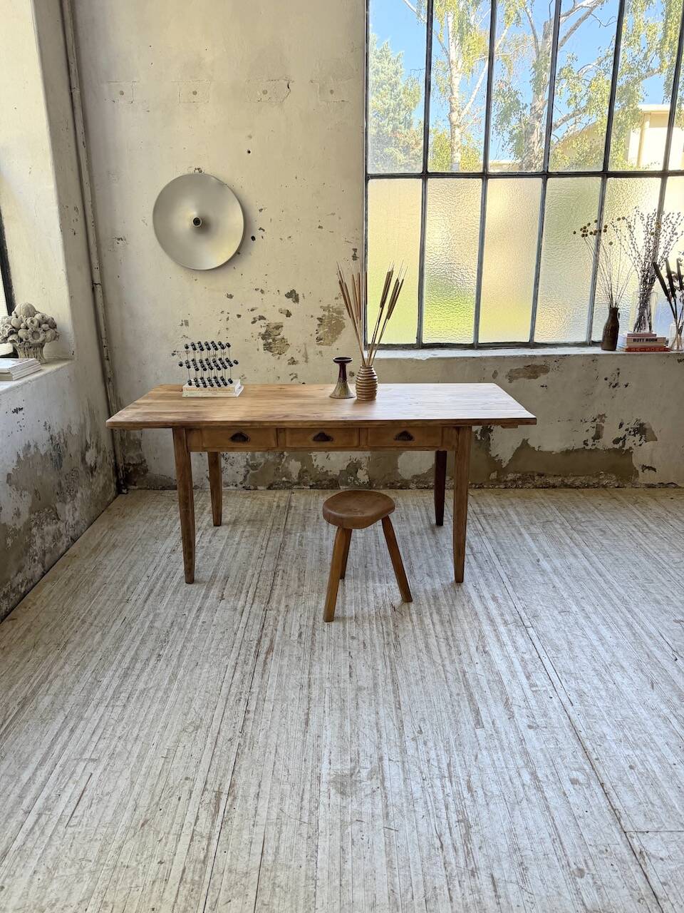 1950s pine and oak farmhouse table with multiple drawers