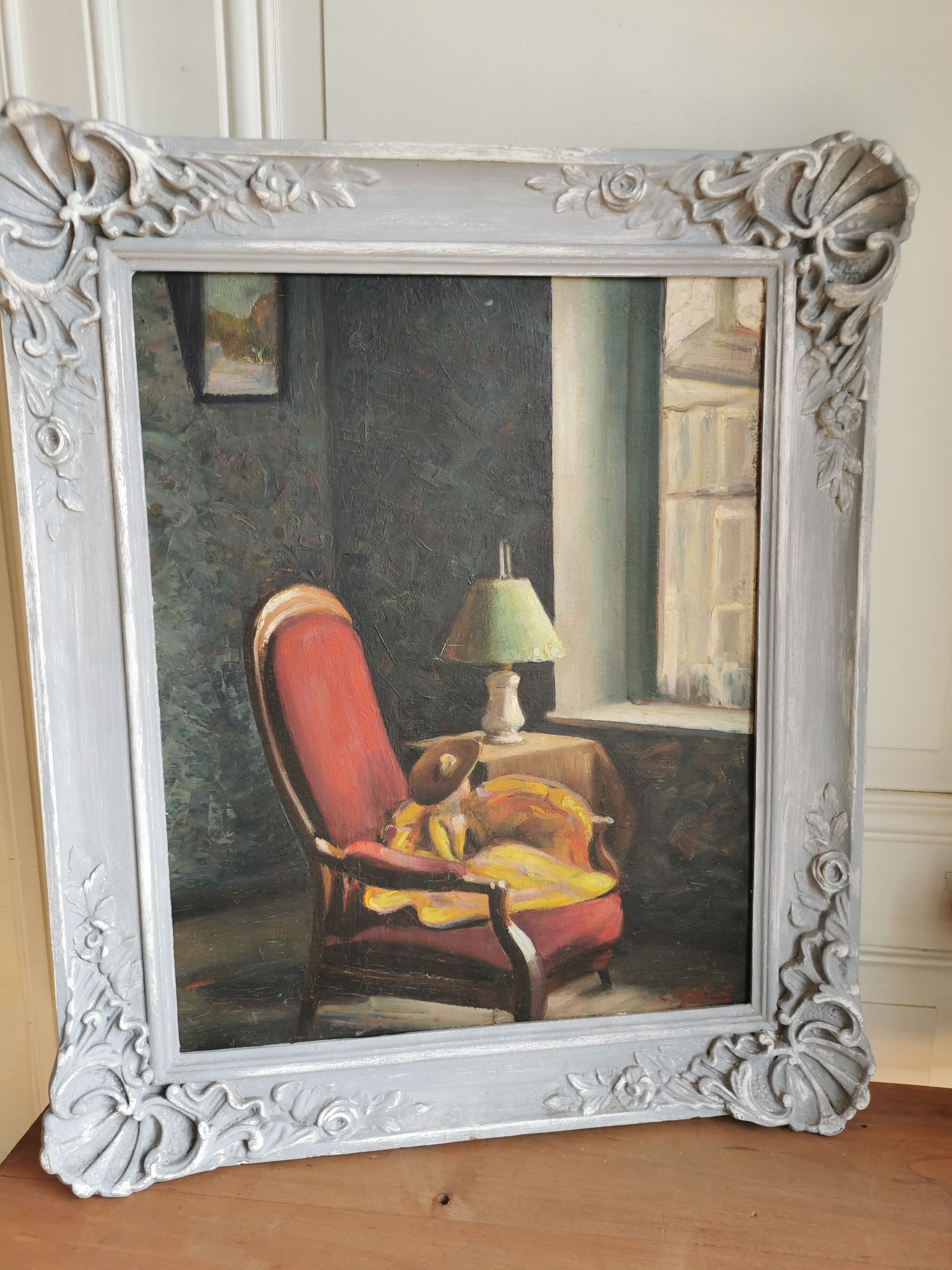 Painting interior scene, oil on plywood, early twentieth.