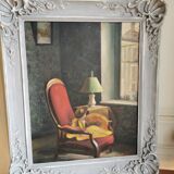 Tableau scène d'intérieur , huile sur contreplaqué , début XXème .