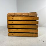 Mid-century cognac leather lounge sofa in oak
