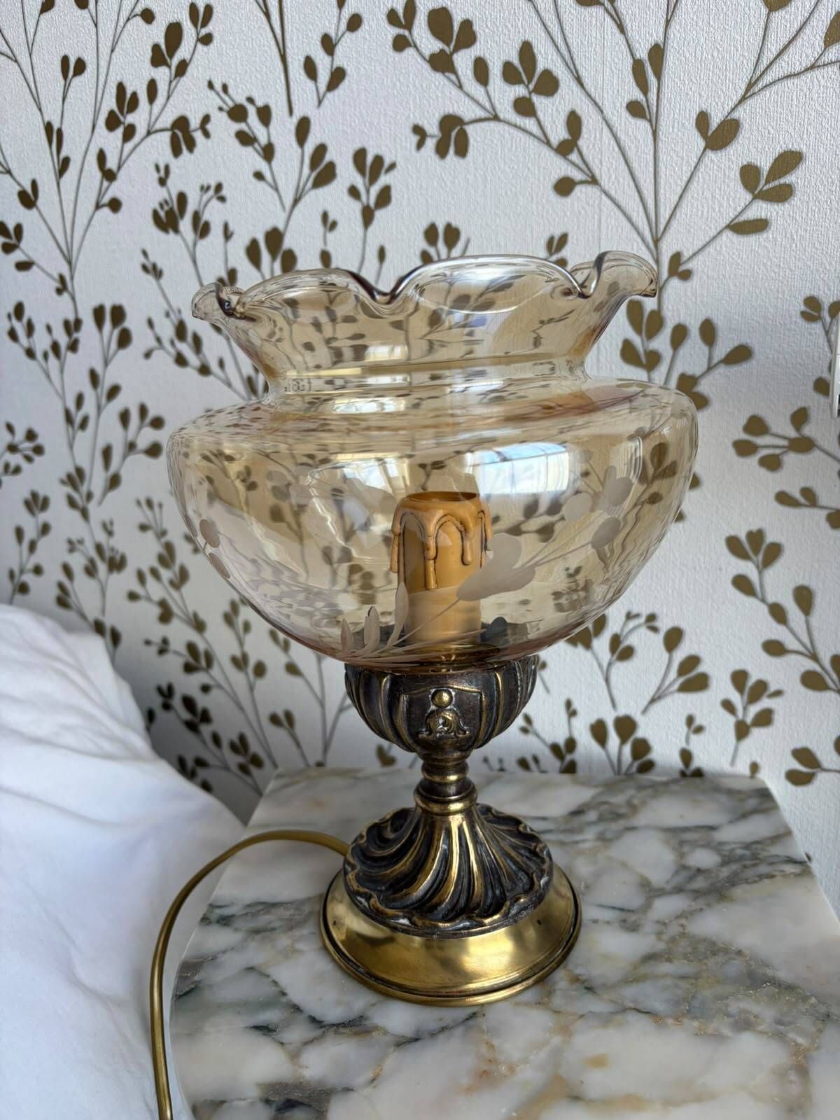 Pair of Italian bedside lamps by Targetti – Amber Glass and Brass