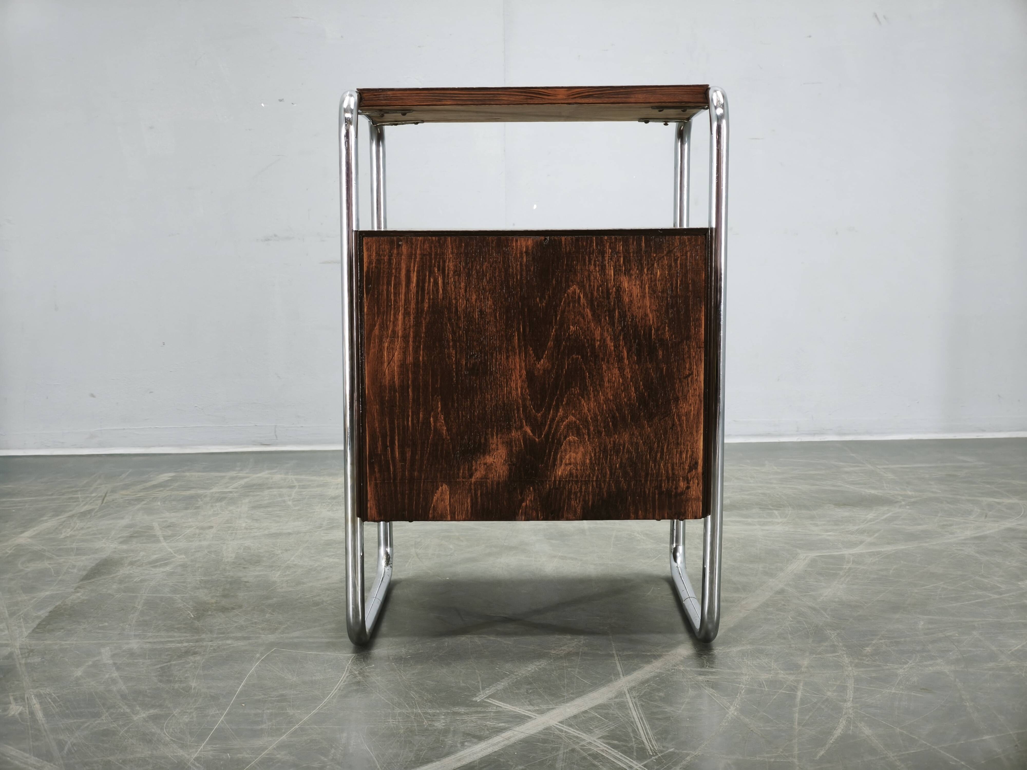 Bauhaus Oak and Chrome Tubular Nightstand, Czechoslovakia 1940s