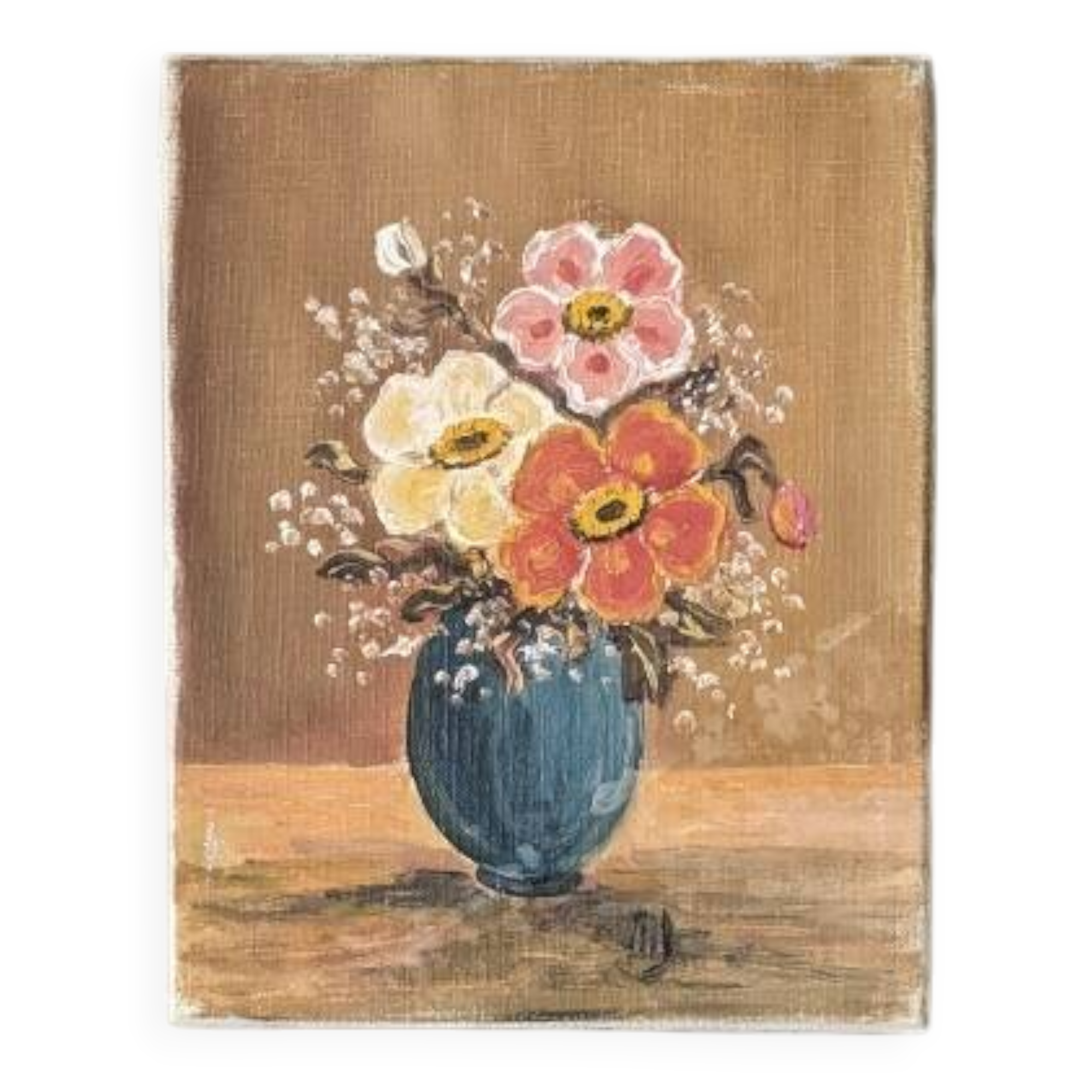 Old acrylic painting on canvas bouquet of bohemian countryside flowers