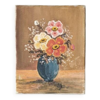 Old acrylic painting on canvas bouquet of bohemian countryside flowers