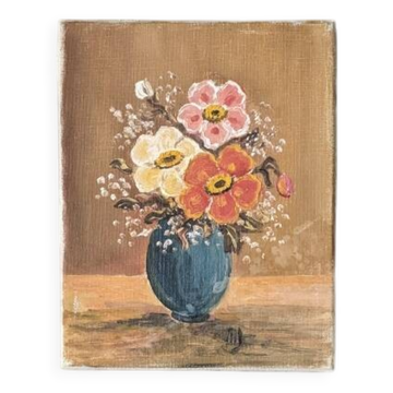 Tableau ancien, acrylique sur toile bouquet de fleurs, campagne bohème