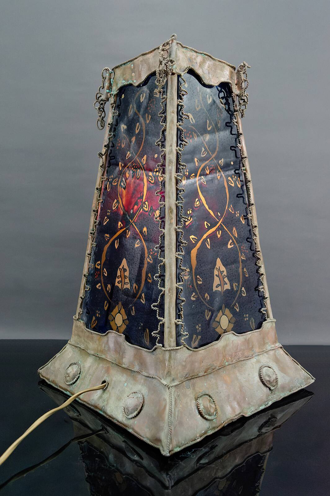 Moorish style lamp in patinated copper and painted glass, France, Mid-Century