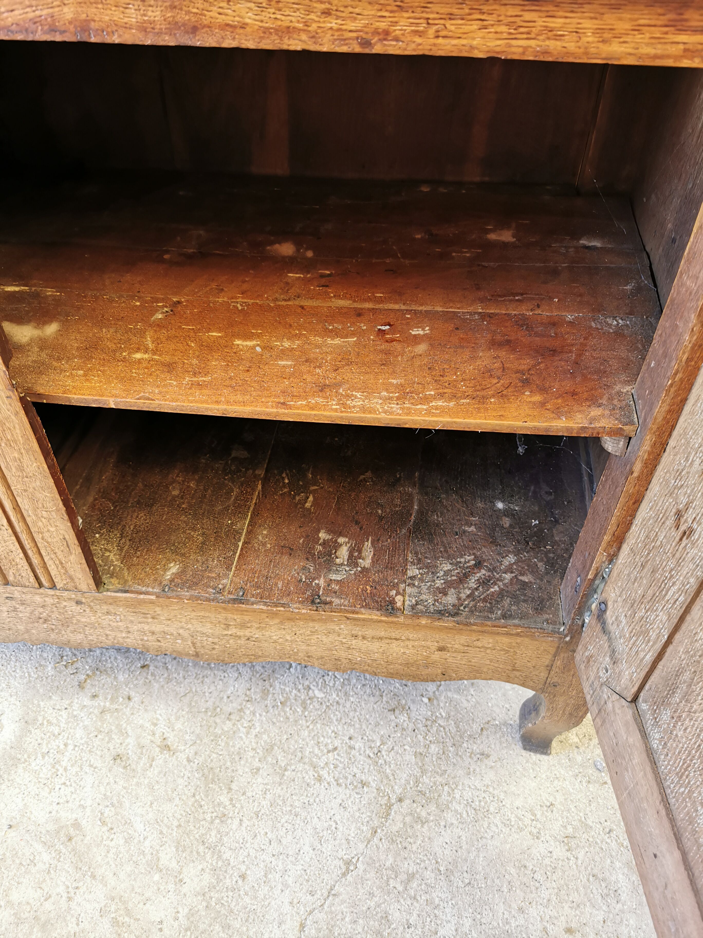Old low buffet, 19th in rustic solid oak, carved and molded