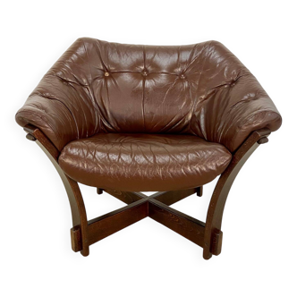 Vintage retro mid century danish odd knutsen easy chair in cognac leather
