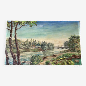 Tableau huile sur toile paysage rivière pont de bellerive signé "morand" vinage