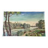 Oil painting on canvas landscape river bellerive bridge signed "morand" vinage