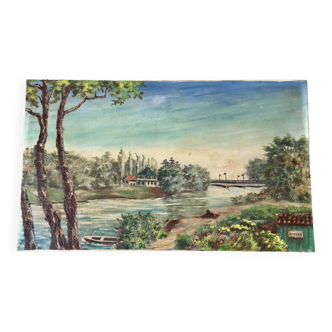 Oil painting on canvas landscape river bellerive bridge signed "morand" vinage
